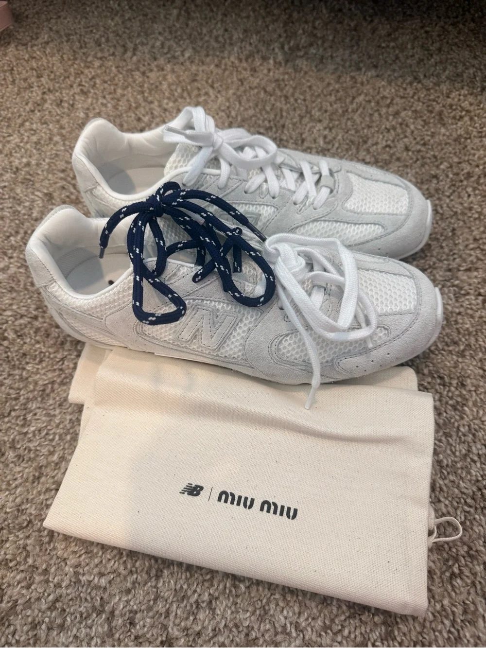 Authentic Miu Miu x new balance White Mesh and Suede Sneakers with Navy laces
